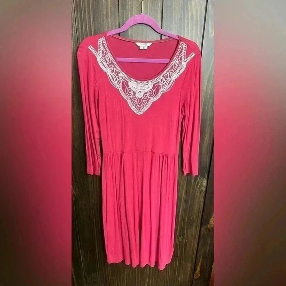 BODEN Faye Dress Jersey Knit Stretch Midi Long 3/4 Sleeve Embroidered. Size:8L - Picture 7 of 13